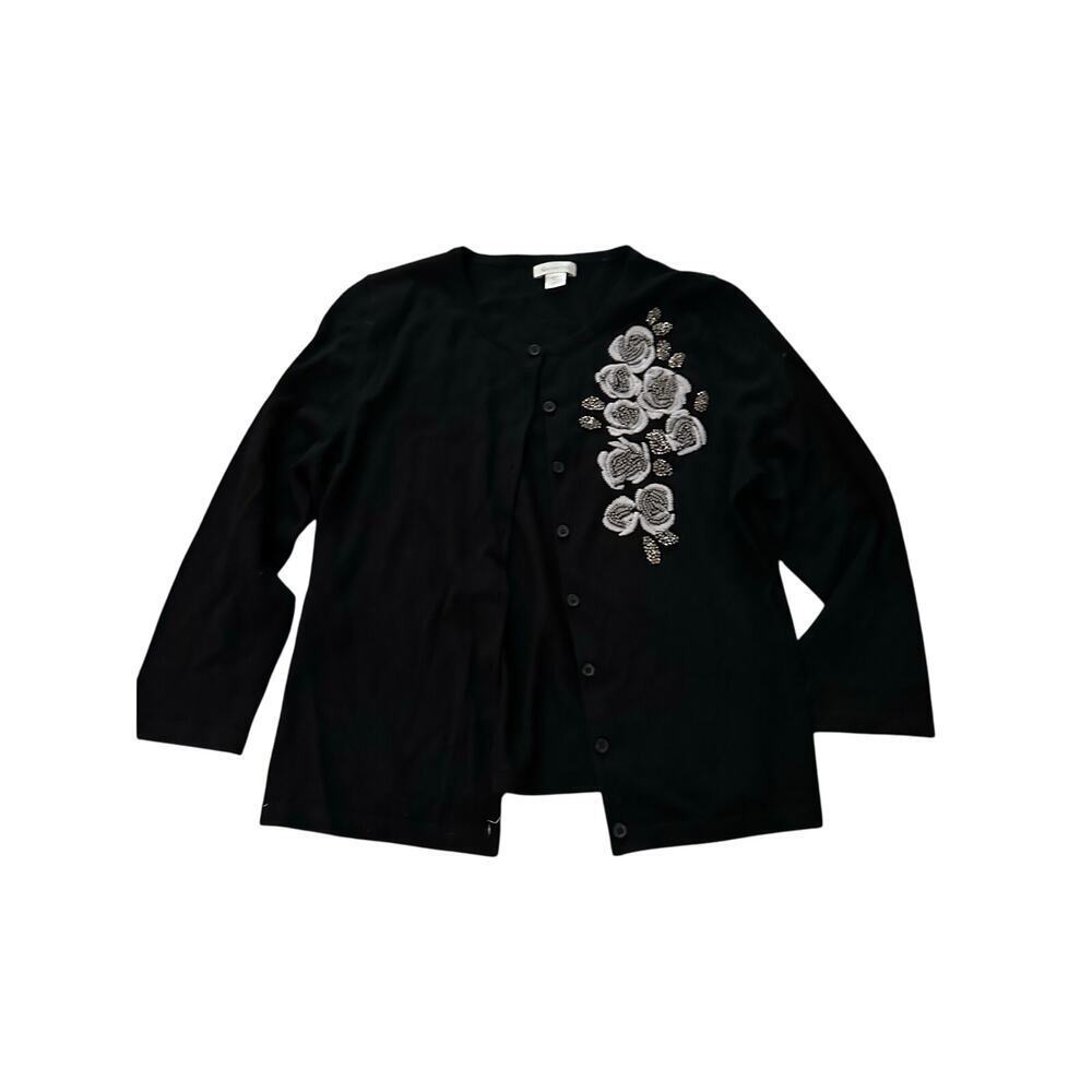 Garnet Hill Wool Merino Black Embroidered Button Front Cardigan Sweater Size M